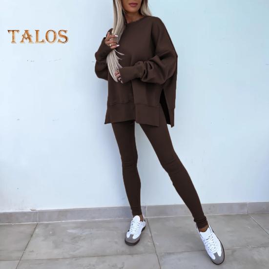 2 шт./комплект женский топ брюки костюм круглый вырез длинный рукав асимметричный подол толстовка эластичный пояс однотонные брюки зимний повседневный спортивный костюм