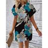 Tropical Plant Printed Batwing Sleeve Summer Dress Women Fashion Round Neck Loose Casual Women Dresses Elegant Simple Retro Ladies Short Dress 25918