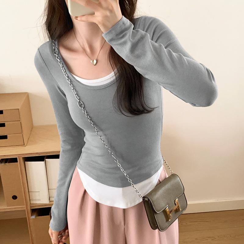 Длинный рукав Женская холодная базовая теплая рубашка Осенняя ложная футболка из двух частей Цветная блокирующая нижняя рубашка Женская тонкая круглая горловина Топы для улицы