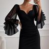 Women's V Neck Maxi Dress Sexy Mesh Long Lantern Sleeve Slit Long Evening Dress