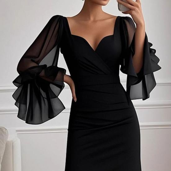 Women's V Neck Maxi Dress Sexy Mesh Long Lantern Sleeve Slit Long Evening Dress
