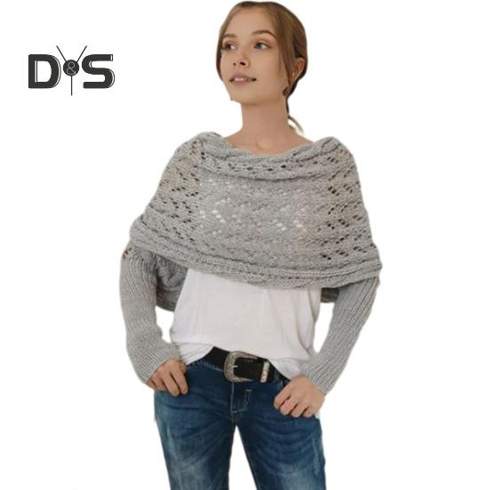 Knitted Cable Wrap Scarf with Sleeves Soft Bohemian Style Shawl Scarf Hollow Crochet Pattern Cross Wrap Scarf Sweater Wrap