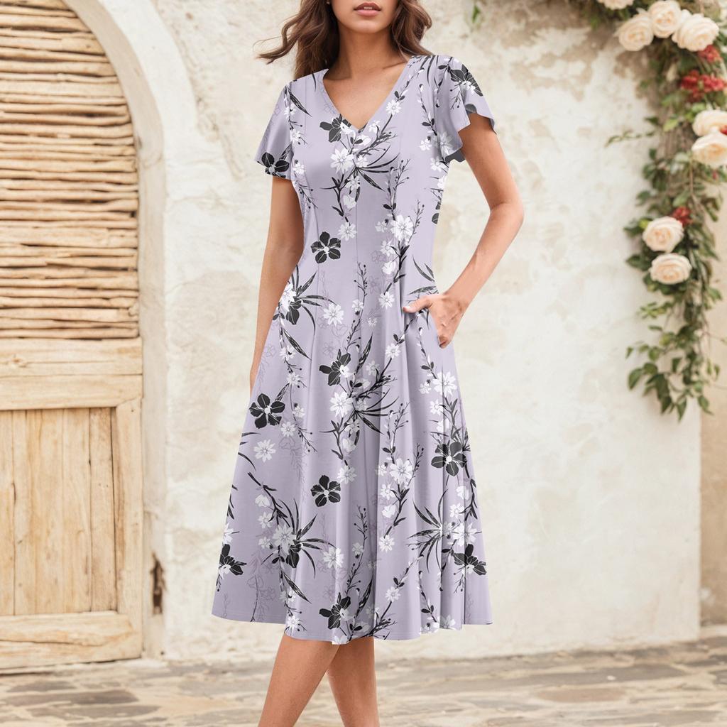 Женское летнее модное элегантное платье миди в стиле ретро с V-образным вырезом и оборками на рукавах