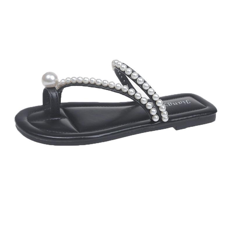 Лето 2025 новые прохладные шлепанцы с жемчужной накладкой на носок, женские шлепанцы на танкетке с квадратным носком и толстой подошвой