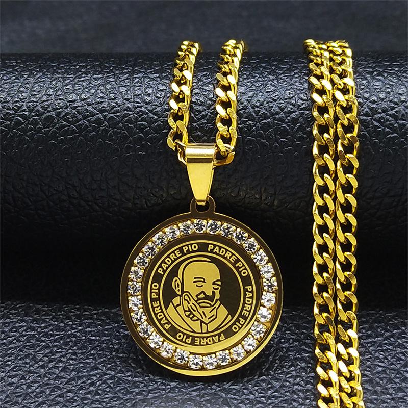 Padre Pio Rhinestones Pendant Stainless Steel Crystal Necklaces for Women Men Gold Color Statement Christian Chain Jewelry Gift
