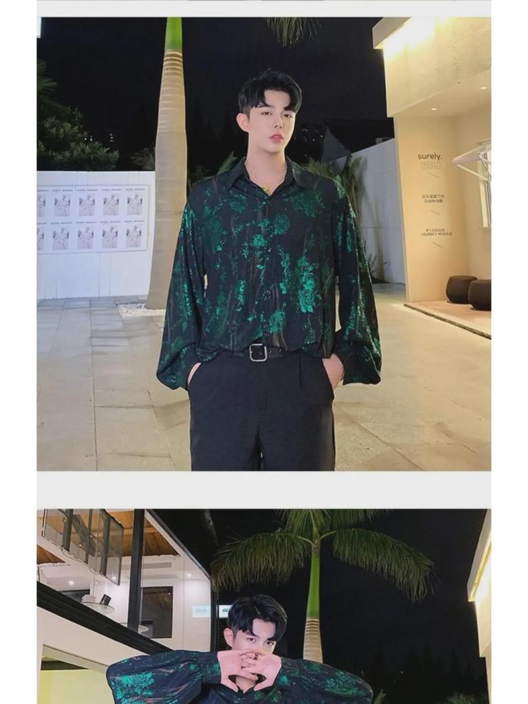 Men's Retro Rose Print Loose Western-Style Shiny Shirt for Trendy Hairdressers