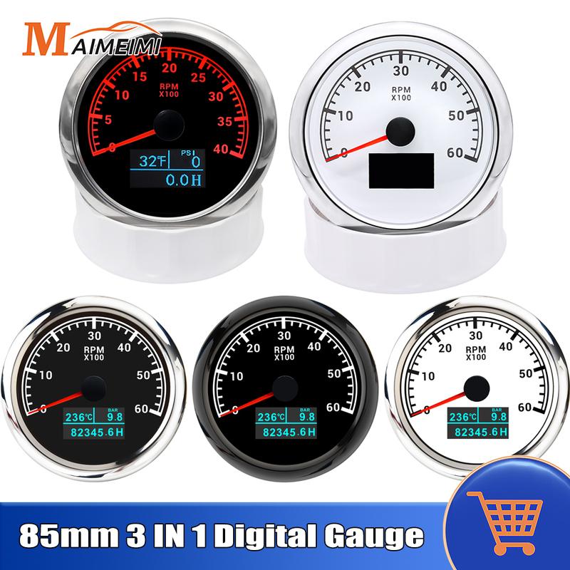 85mm 3000-8000rpm Tachometer +Water Temperature Gauge +Oil Pressure Meter 7 Color Backlight For Car Marine Boat 12V 24V