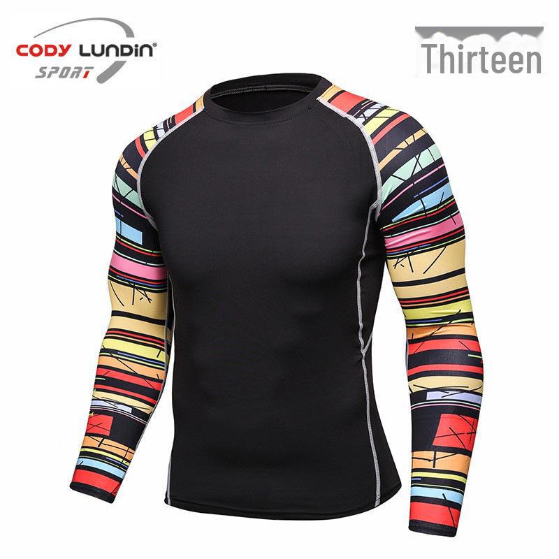 Мужская компрессионная футболка для бега с длинным рукавом и принтом, влагоотводящая, A038