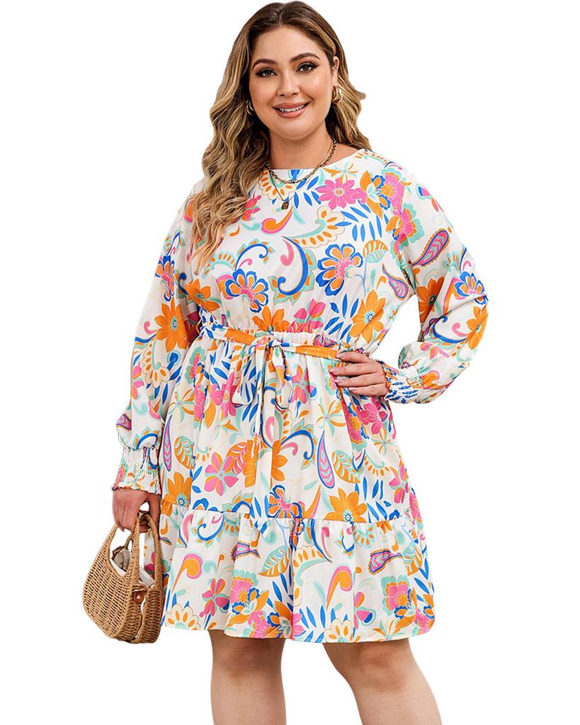 Azura Exchange Orange Paisley Floral Print Belted Plus Size Dress