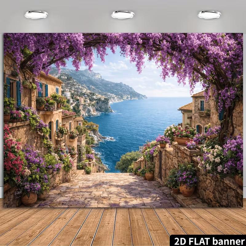 2D Mediterranean Coastal Town Backdrop, Wisteria Arch Banner