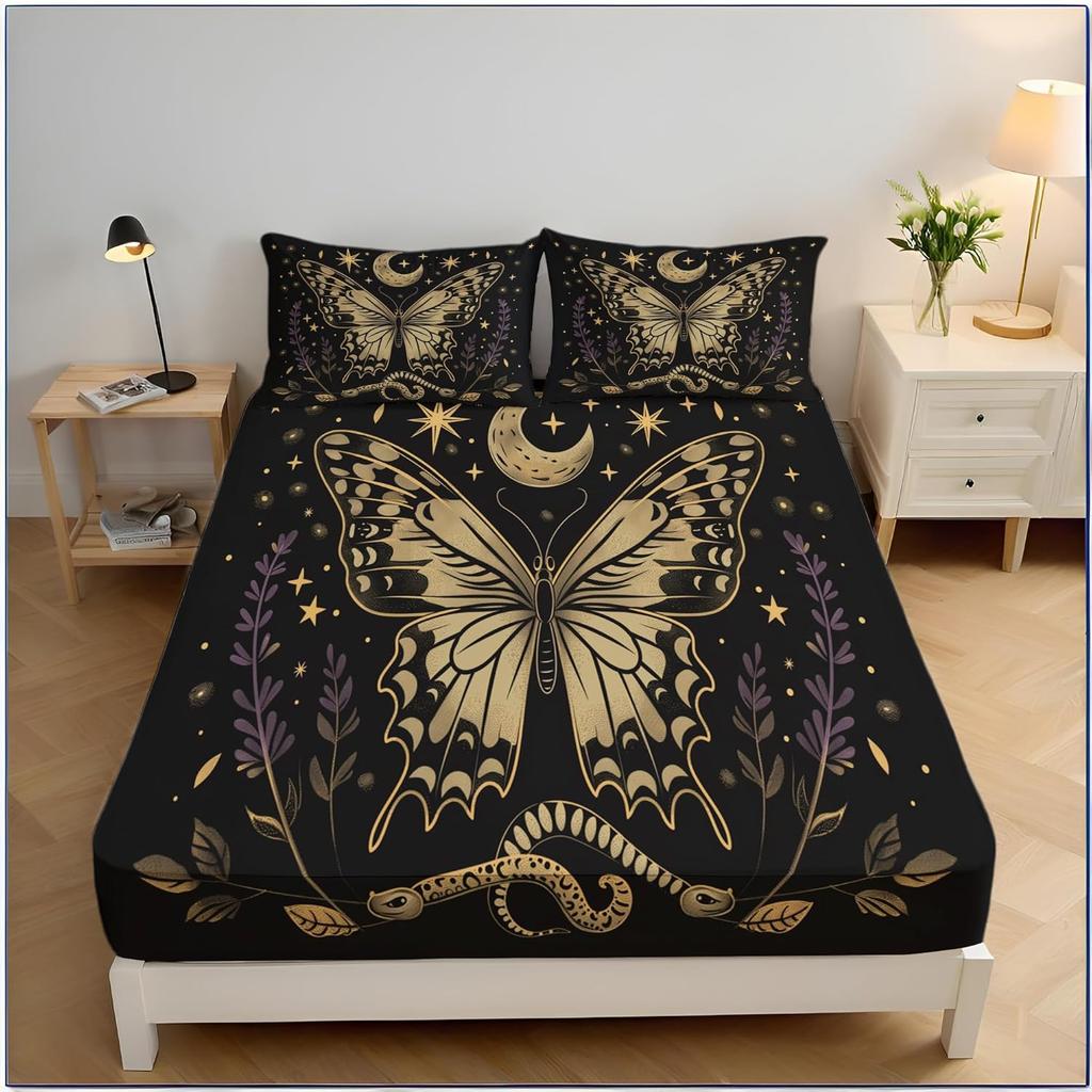 3D Бабочка Односпальная Простыня на Резинке Синие Принтованные Простыни 30 см Глубиной Простыни на Резинке Мягкий Набор Постельного Белья из Микрофибры с Наволочкой