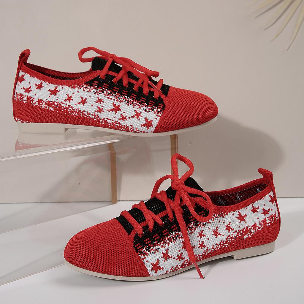 Women's Round Toe Flats Shoes Women Fashion Autumn Casual Lace-up Shoes Knitted Mesh Breathable Flat Shoes Woman Sneakers