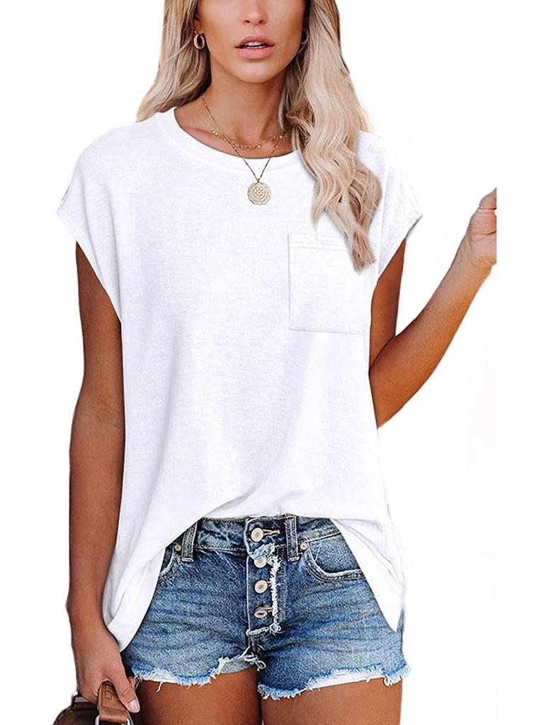 Европейская и американская женская однотонная футболка с круглым вырезом, карманом и разрезом на плече, с коротким рукавом