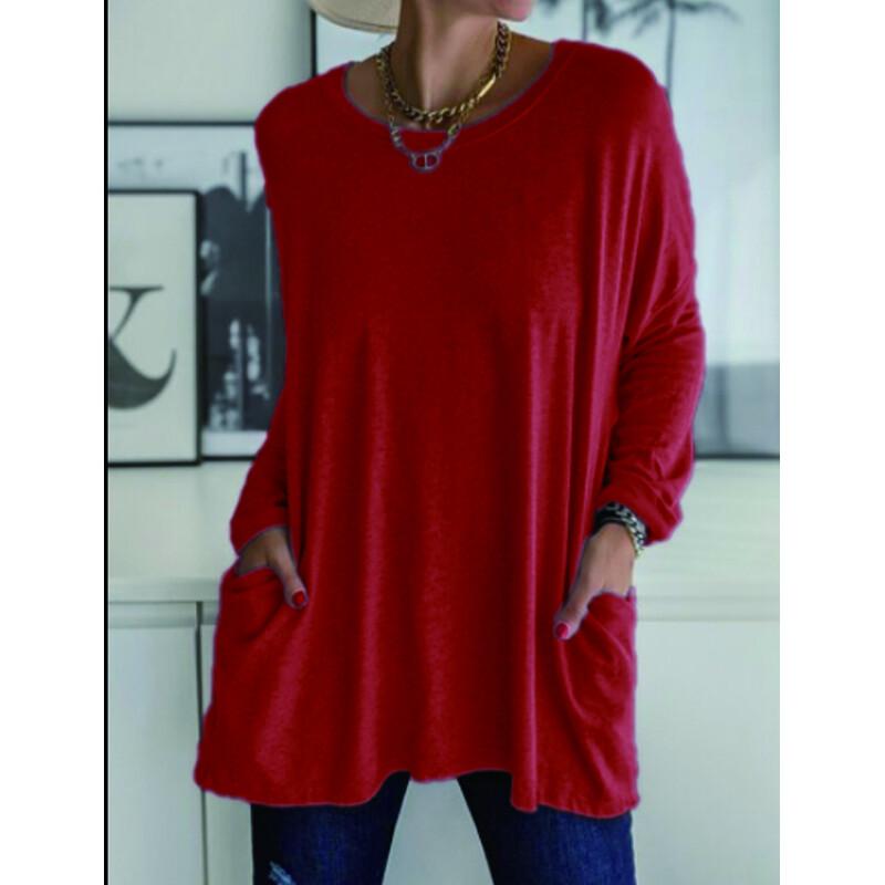 Женская одежда Осень-Весна с длинным рукавом Футболка с круглым вырезом Блузка с длинными рукавами; Карманные футболки для женщин; Свободные топы