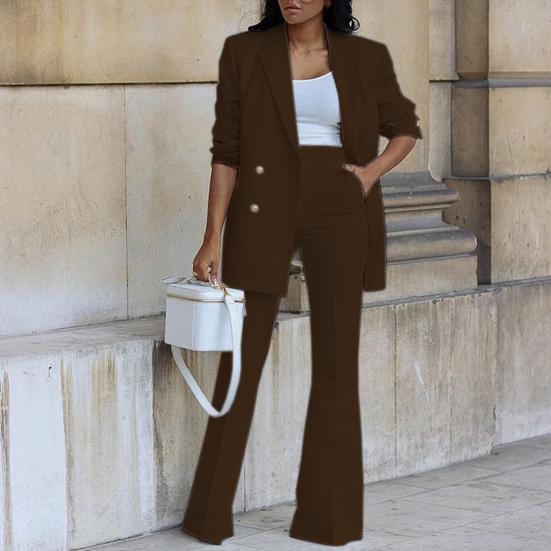 1 комплект, женский пиджак, брюки, сплошной цвет, широкие брюки, осень-зима, двубортный костюм с лацканами, комплект для офиса