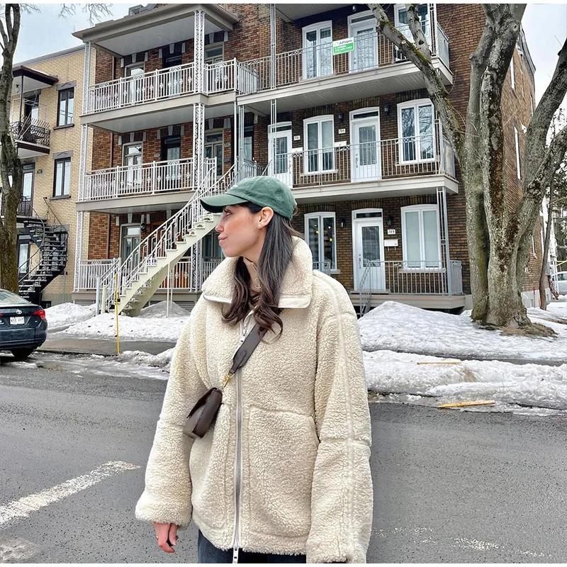 Зимняя женская шерстяная куртка с пушистыми лацканами, модная однотонная куртка с длинным рукавом и двойной молнией, женские осенние карманы, женские куртки