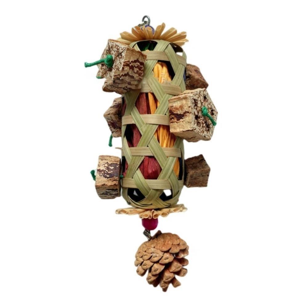 Hanging Cornhusk Pinecone Toy Bamboo Woven Parrot Foraging Basket Teeth Grinding Toy for Parakeets