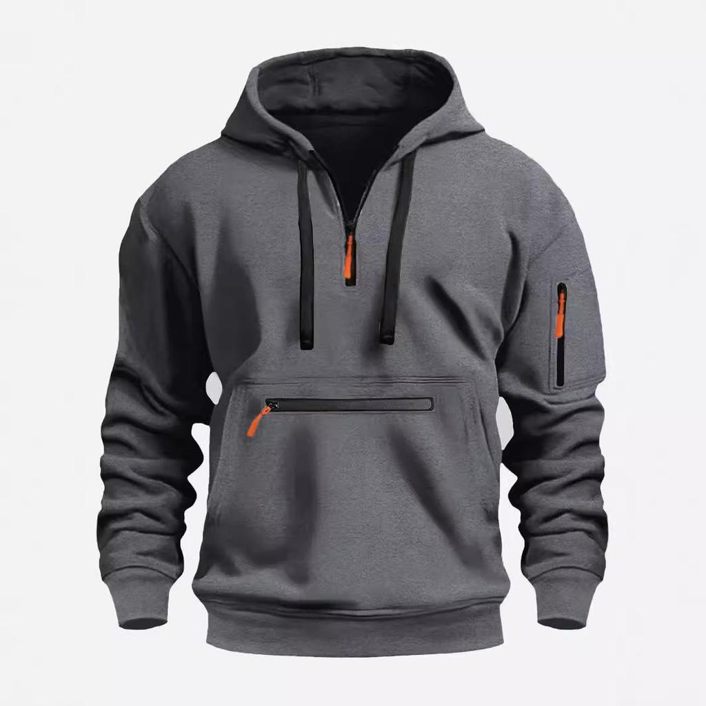 Men's Fleece-Lined Hooded Sweatshirt with Zipper and Multi-Pocket Design for Autumn/Winter Casual Sports Fashion