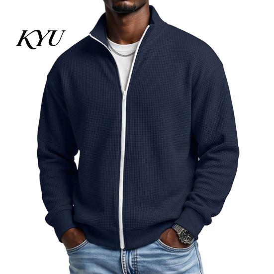 Men's Suede Bomber Jacket Waffle Knit Zip Up Jacket, Long Sleeve Laydown Collar Breathable Spandex Blend Blazer Casual Cardigan Sweatshirt,