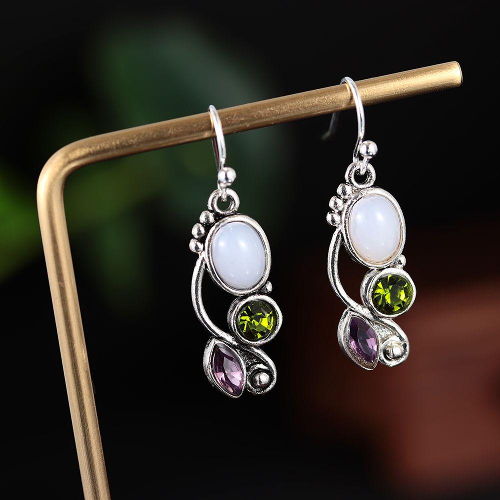 1Pair Chic Dangle Hook Vintage Jewelry Multi-Gemstone Ear Stud Moonstone Earrings Turquoise Amethyst