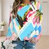 Women Plus Size Round Neck Long Sleeve Ribbed Cuffs Blue Pink White Printed Sweatshirt