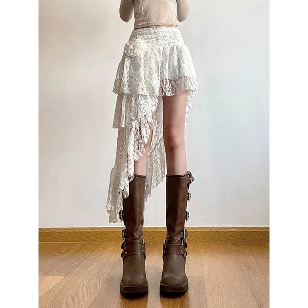 Сексуальная богемная милая кружевная юбка женская элегантная нерегулярная юбка с высокой талией винтажная корейская женская повседневная милая белая юбка-трапеция