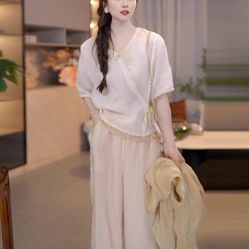 2025 лето топ с вышивкой и рукавом средней длины женственный темперамент универсальная высококлассная рубашка со шнуровкой женская