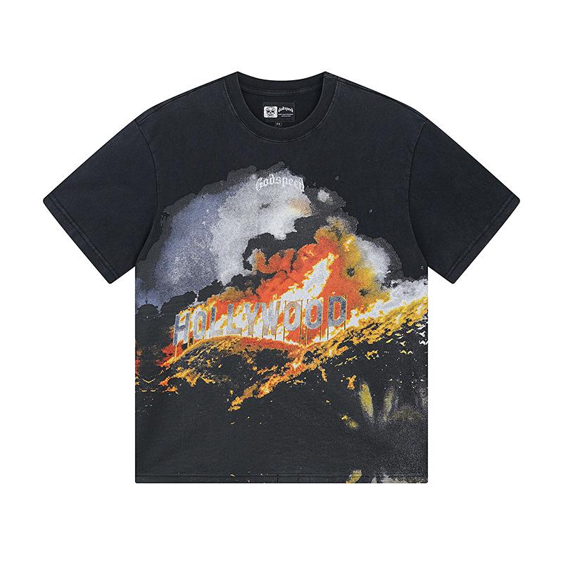 Cross-border trendy brand GS Skull Band Alphabet Printing Washing Water Short Sleeve Loose T-Shirt Men's and Women's High Street Retro Half Sleeve