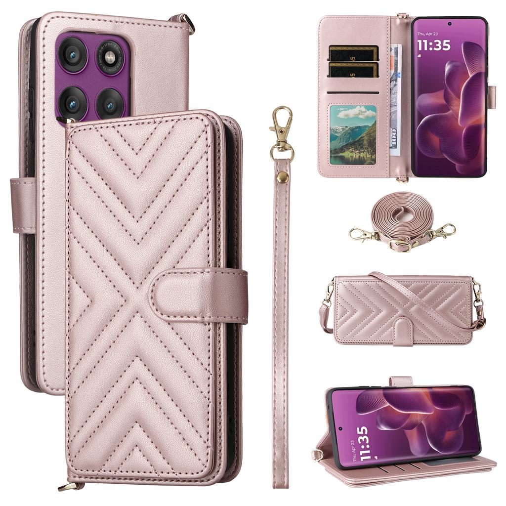 For Motorola Edge 60 Pro 5G Case with Shoulder/Wrist Strap Leather Phone Cover Stand Wallet