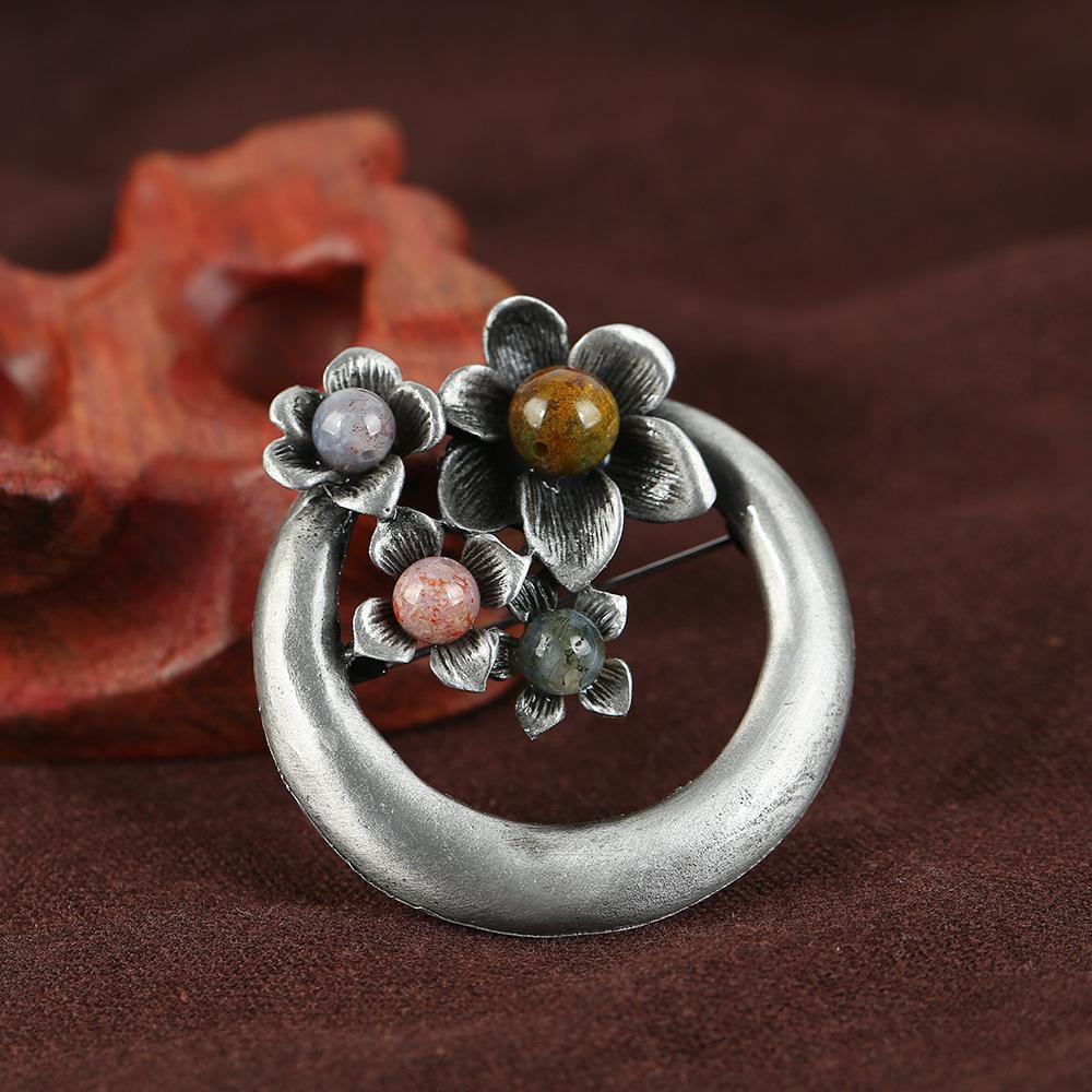 Retro Natural Agate Brooch High-end Classical Temperament Literary and Versatile Plant Pin Coat Cardigan Corsage Accessories