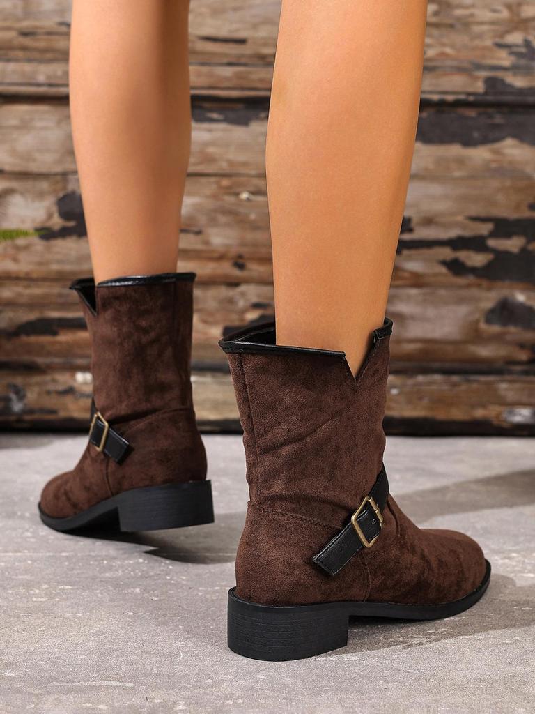 2025 Autumn/Winter Plus Size British Style Slip-On Chunky Heel Mid-Calf Boots for Women