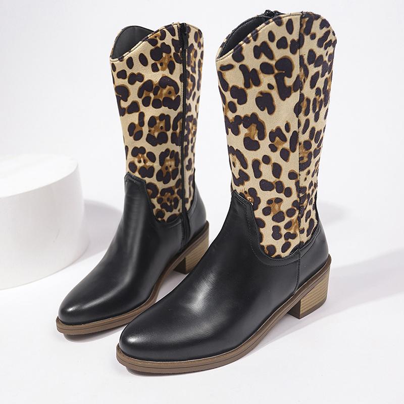 Модные сексуальные женские леопардовые сапоги с острым носком до середины голени из искусственной кожи с толстым каблуком в стиле пэчворк, размер плюс 43, осенне-зимняя женская обувь для подиума