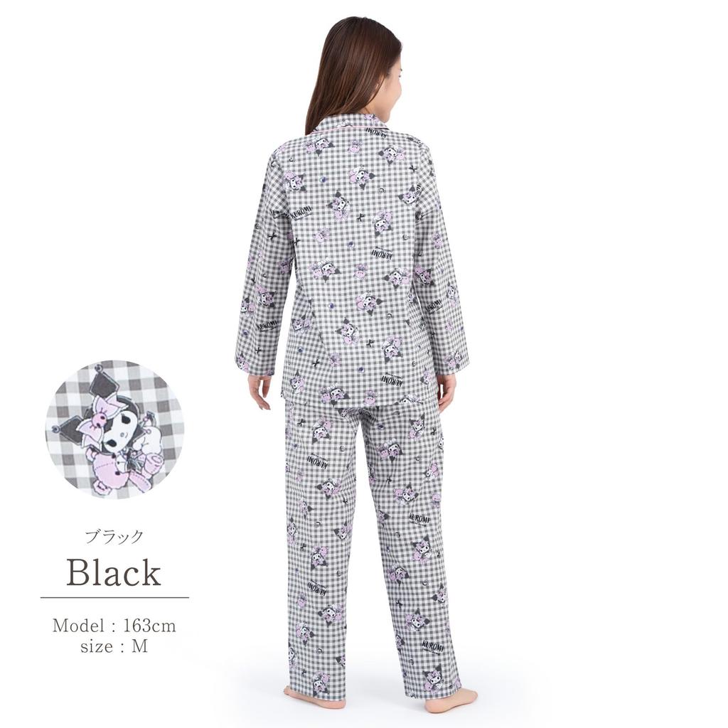 SAZAC Kuromi Gingham Pajama Cotton Long Sleeve and Loungewear Set, 100% Broadcloth, Women's Pants, (Black/M/SAN1782)
