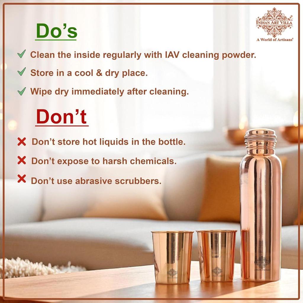 Подарочный набор медной посуды простого дизайна с глянцевой отделкой 1 бутылка и 2 стакана с подарочной коробкой, подарочный предмет на Дивали, бутылка - 900 мл и стакан - 275 мл