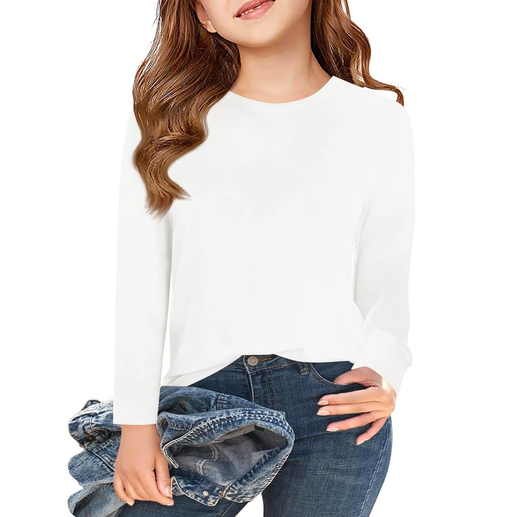 Футболки с длинным рукавом для девочек, детские осенние топы с круглым вырезом, базовые футболки для детей 5–14 лет