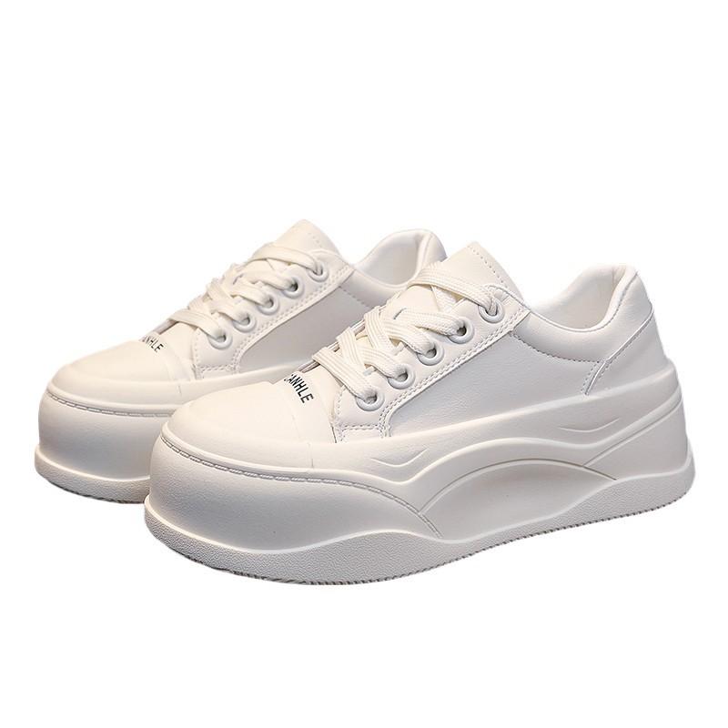Muffin platform white shoes women's 2025 new round head lace-up fashionable versatile small height-increasing breadboard shoes