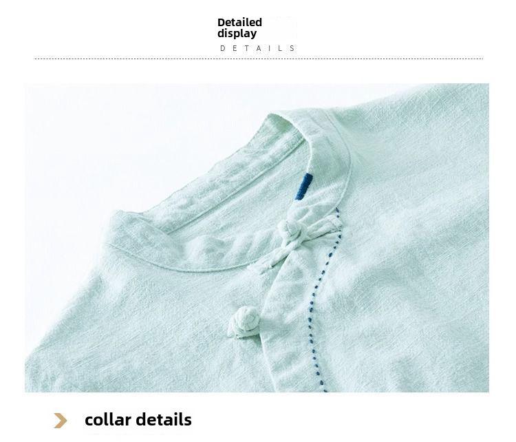 Женская рубашка с длинными рукавами из хлопка и льна в стиле ретро — облегающий крой, воротник-стойка, застежка на пуговицы, на весну, лето и осень