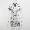 Gothic Floral Print Dress White Short Sleeve High Waist Bodycon Mini Dresses