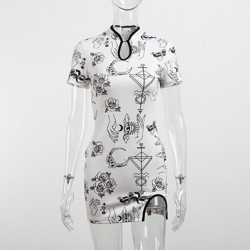 Gothic Floral Print Dress White Short Sleeve High Waist Bodycon Mini Dresses
