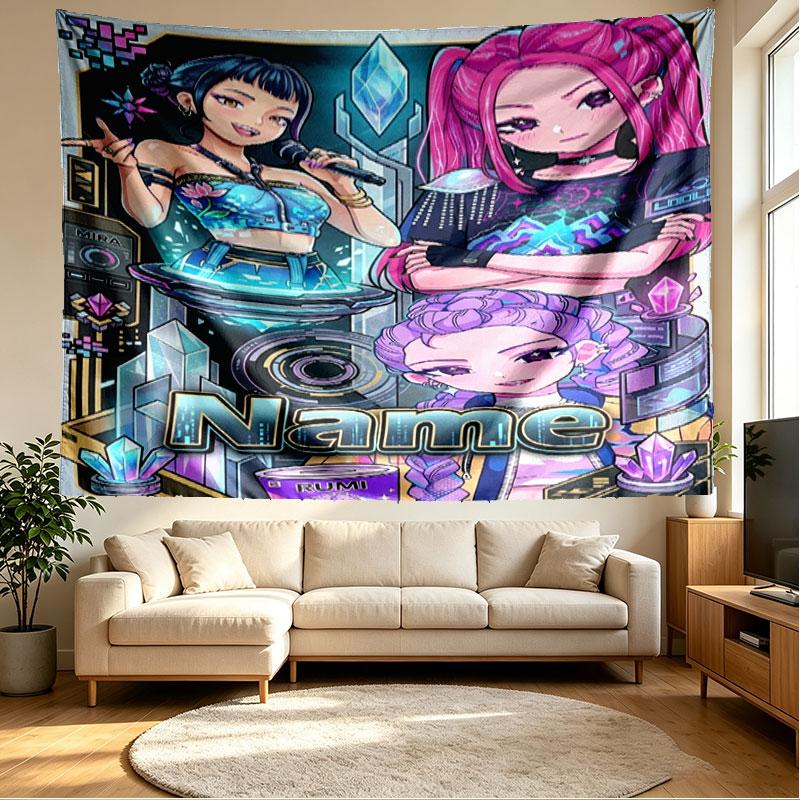 Custom Name Personalized Demon Hunters Kpop Print Tapestry, Wall Art Decor, Bedroom, Dorm, Apartment, LivingRoom, Party Backdrop, Gift for Birthday