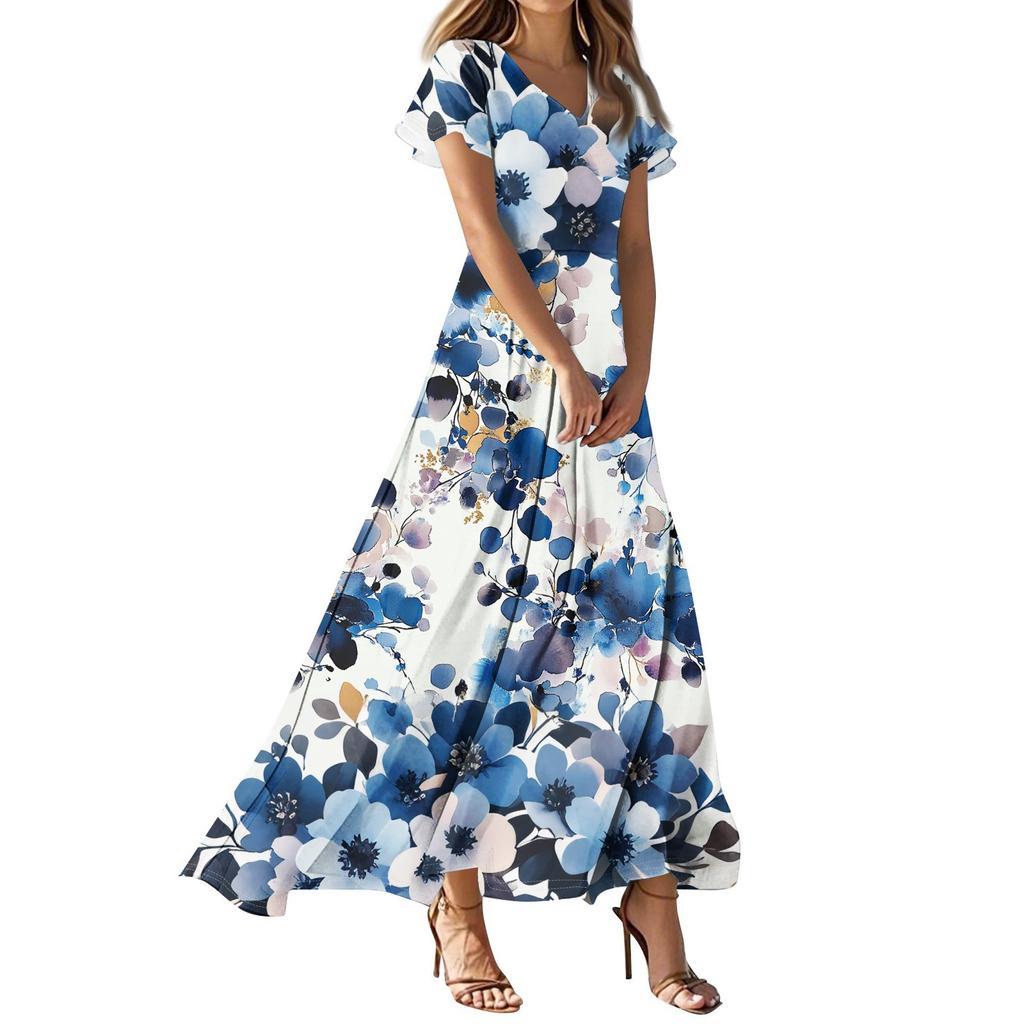 Женские повседневные модные длинные платья с принтом, платья с V-образным вырезом и коротким рукавом