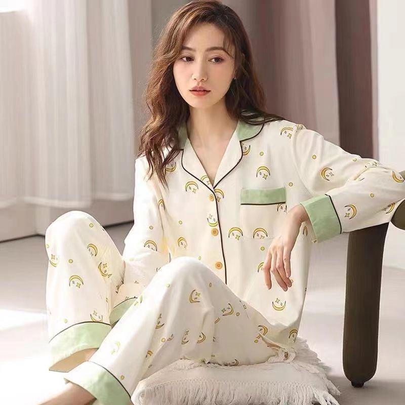 Женский пижамный комплект в корейском мультяшном стиле - 100% хлопок, с длинным рукавом, подходит для весны, осени и зимы, с кардиганом для домашней носки.