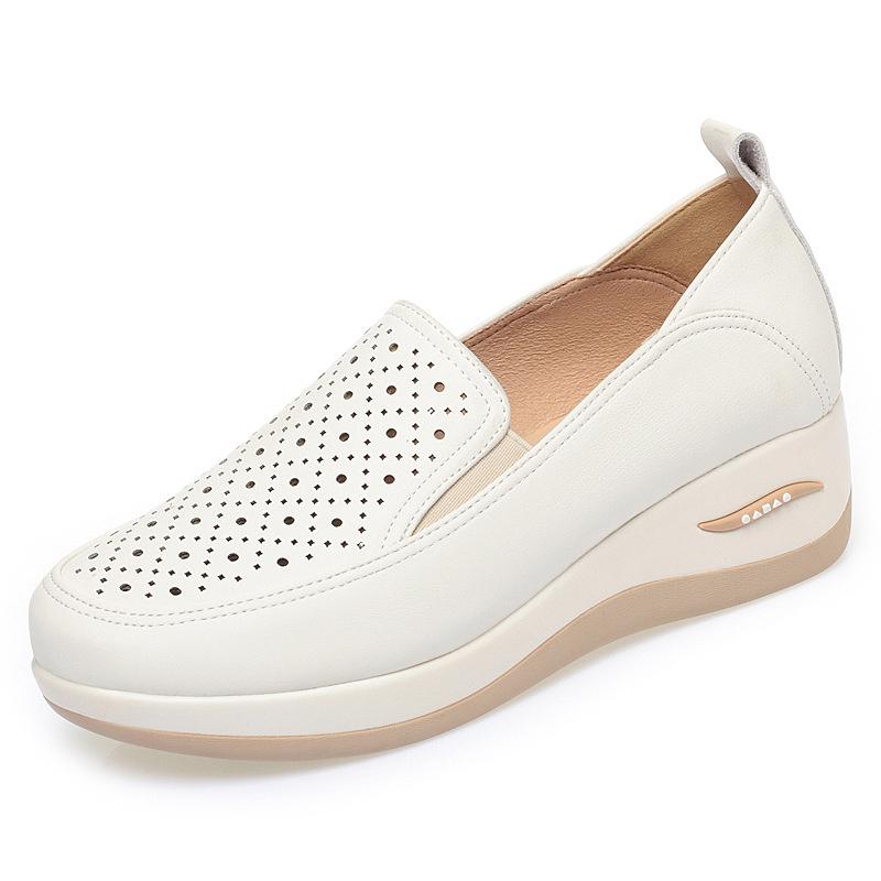 Spring Soft Leather Thick Bottom Women Shoes Wedges Cutout Breathable Sneakers Platform Lightweight Mom Loafers