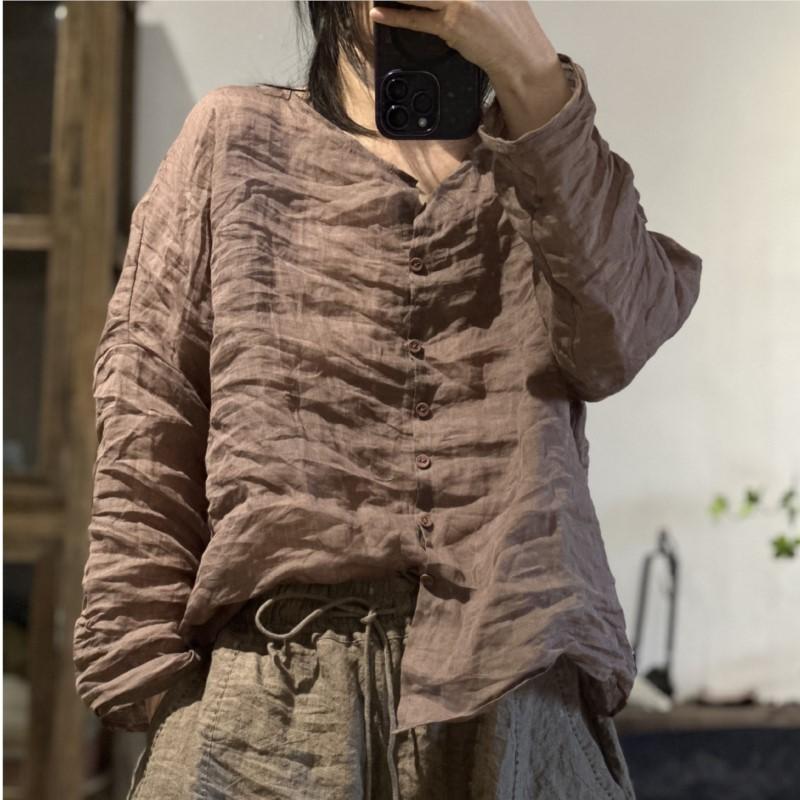 Johnature Женские винтажные рубашки рами, футболки, осенние блузки с круглым вырезом и длинными рукавами, свободные однотонные рубашки высокого качества