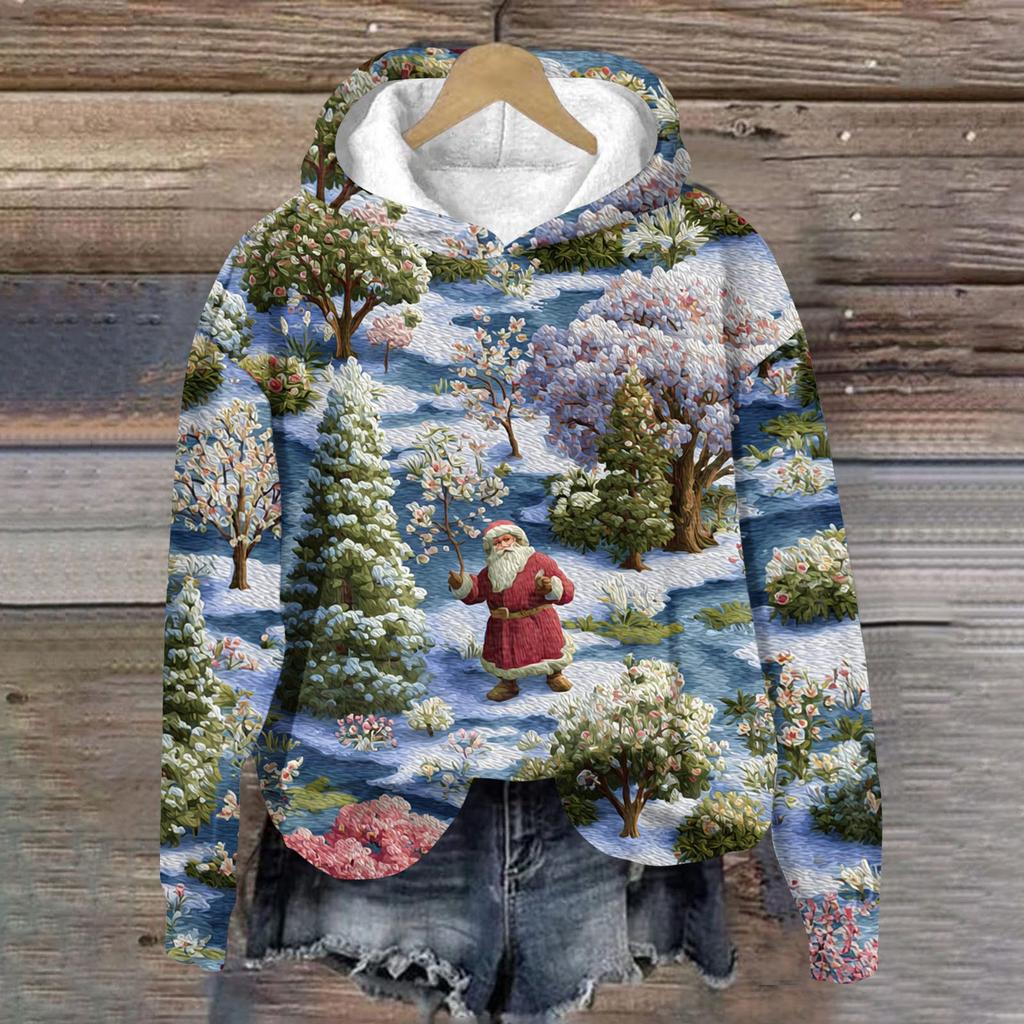 Women's Fashion Long Sleeve Christmas Print Loose Hooded Sweatshirt Top