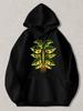 Black Pullover Hoodie with Green and Golden Monstera Leaf Plant Graphic, Casual Streetwear Sweatshirt with Kangaroo Pocket for Dai