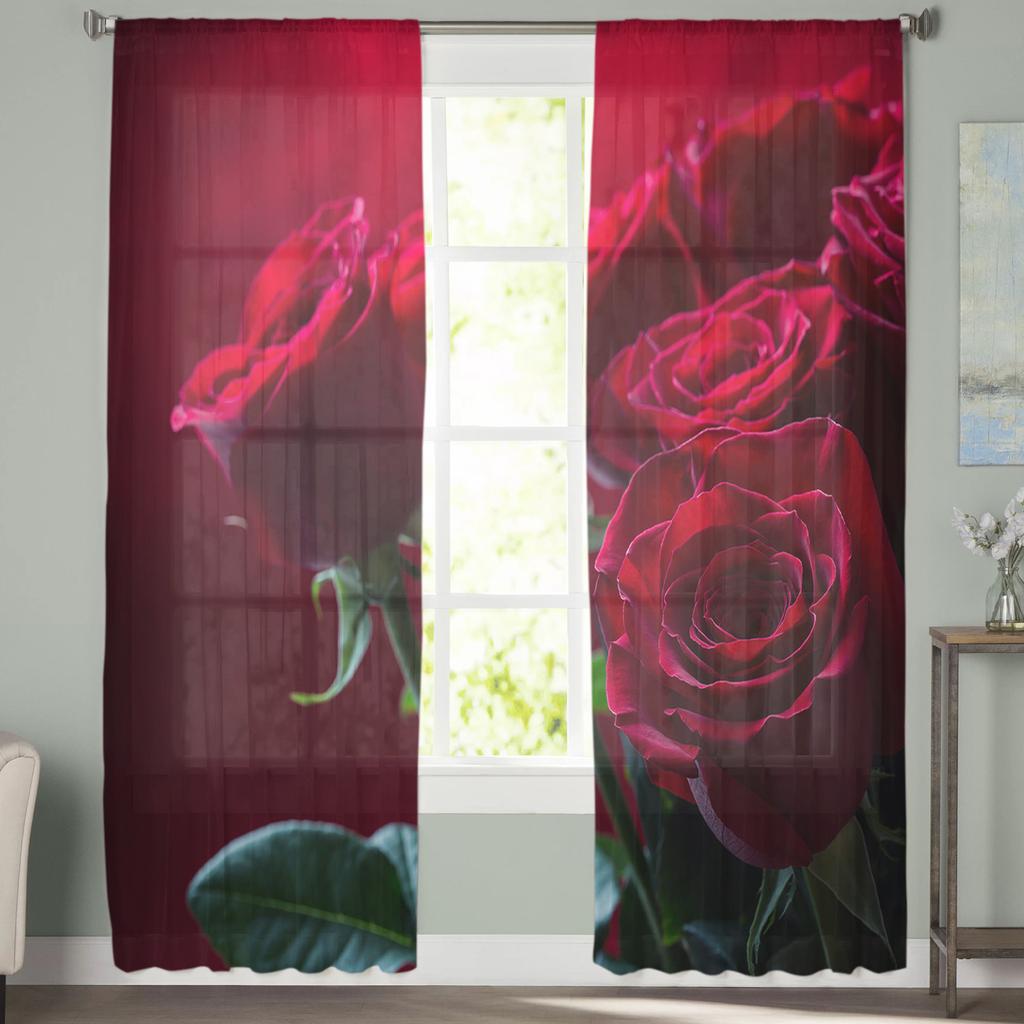 Red Rose Tulle Curtains For Living Room Bedroom Home Decor Chiffon Sheer Voile Kitchen Curtain