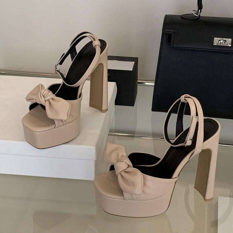 Liyke Абрикосовая Кожа Бант Дизайнерские Туфли на Высокой Платформе Сексуальные Сандалии Женские Квадратный Носок Ремешок с Пряжкой Массивные Туфли Zapatos Mujer