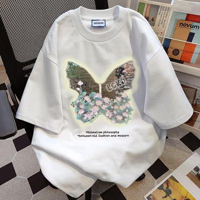 Летняя женская футболка с принтом бабочек, корейский выпуск, свободная однотонная женская футболка с короткими рукавами и круглым вырезом, топ в стиле ленивой моды