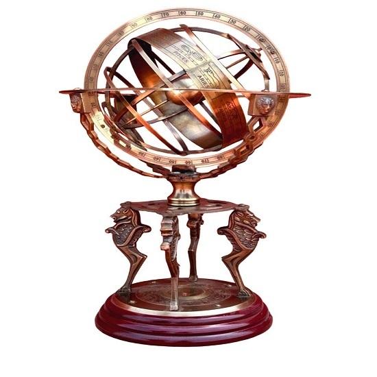 Armillary Sphere Brass Astrolabe On Wood Base | Maritime Nautical Collectible Table Décor | Celestial Globe Retro Gift for Her